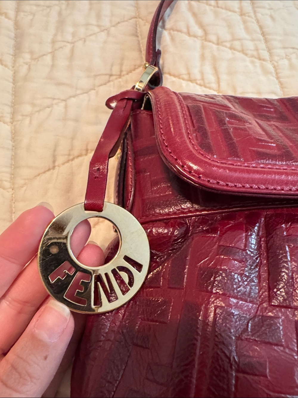Authentic Fendi Wine Red Embossed FF Leather Shoulder Bag - Picture 3 of 12
